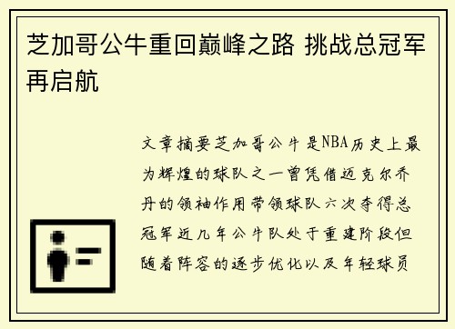 芝加哥公牛重回巅峰之路 挑战总冠军再启航