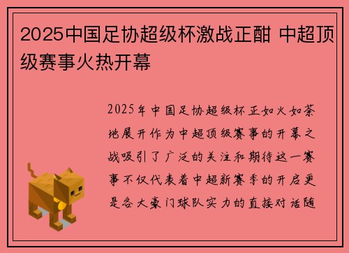 2025中国足协超级杯激战正酣 中超顶级赛事火热开幕