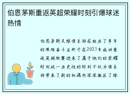 伯恩茅斯重返英超荣耀时刻引爆球迷热情