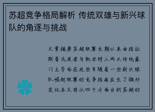 苏超竞争格局解析 传统双雄与新兴球队的角逐与挑战
