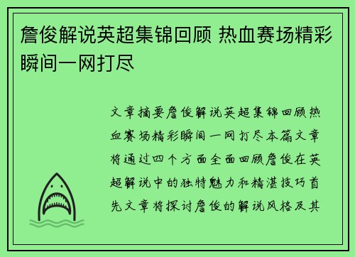 詹俊解说英超集锦回顾 热血赛场精彩瞬间一网打尽